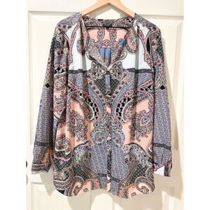 Talbots Woman 2X Paisley Blue Pink Black Long Sleeve Light Button Up Blouse